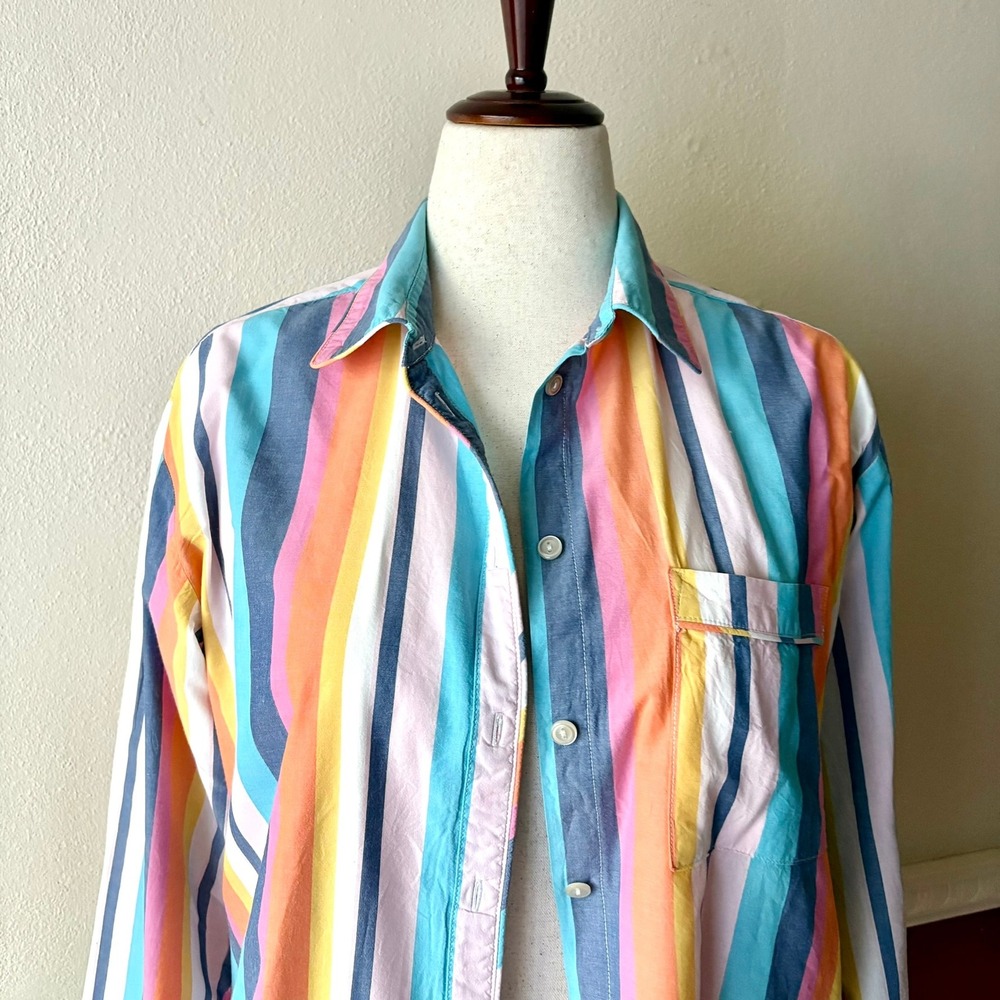 GapBody Poplin Top Multi Stripe Button Down Shirt S Relaxed Boyfriend Fit Casual - Picture 3 of 9